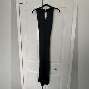 BLACK SATIN CROSS OVER HALTER NECK MIDI DRESS